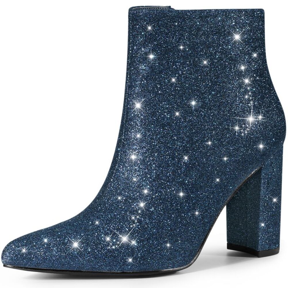 Glitter Pointed Toe Chunky Heel Sparkly Booties Ankle Boots Navy Blue